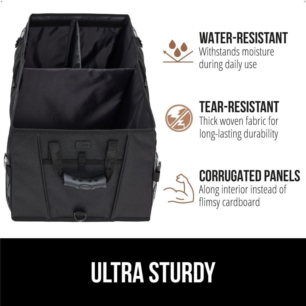 GORILLA GRIP Trunk Organizer for SUV and Cars, Large Capacity Collapsible Car Trunk Storage Organizer, Heavy Duty Car Accessories, Gifts for Mom and Dad, Slip & Water Resistant Multi Compartment Black