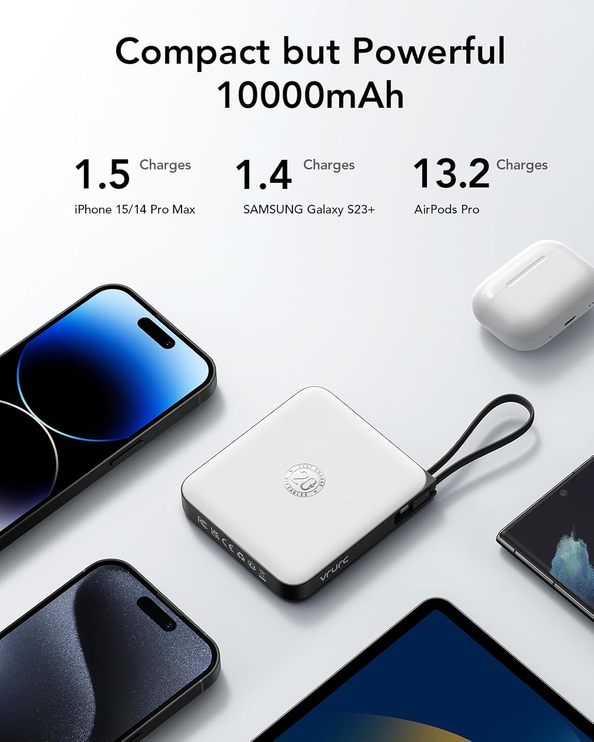 VRURC Battery Pack Charger Portable 10000mAh, 22.5W Power Bank Fast Charging with Built-in Cable, Cell Phone Power Bank for iPhone 17 16 15 & Early Series (White)