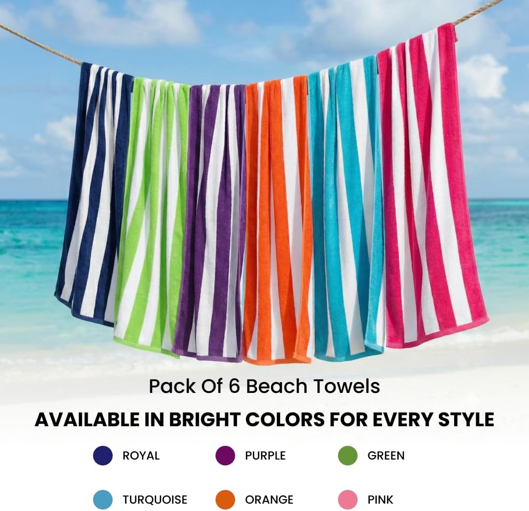 Beach Towels 6 Pack Large 30x60-100% Cotton Beach & Pool Towels Bulk Cabana Stripe - Quick Dry Bath Towel Set for Swim, Beach Essentials, Bathroom, Hot Tub, Yoga, Hotel & Airbnb Guests