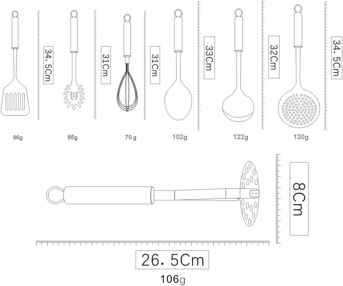 Berglander Cooking Utensil Set 8 Piece, Stainless Steel Kitchen Tool Set with Stand,Cooking Utensils, Slotted Tuner, Ladle, Skimmer, Serving Spoon, Pasta Server,Potato Maseher, Egg Whisk. （8 Pieces）
