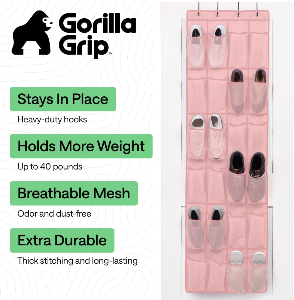 GORILLA GRIP Over the Door Shoe Organizer, 24 Large Breathable Mesh Pockets, Space Saving Hanging Storage Holder, Closet Rack Hanger Holds Up to 40 lbs, Hangs on Closets for Shoes, Accessories, Pink