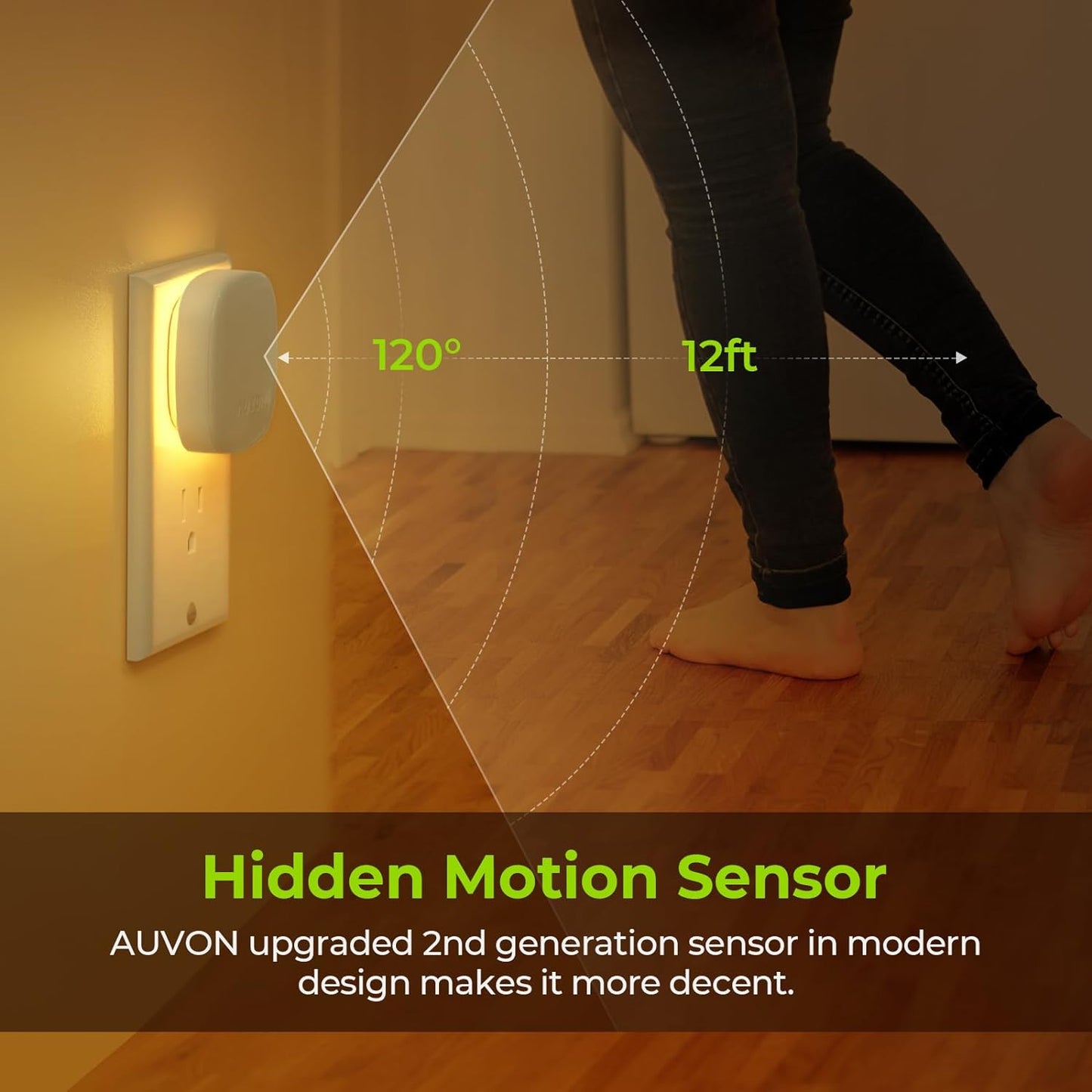 AUVON Plug-in LED Backlit Night Light with Motion Sensor & Dusk to Dawn Sensor, 2200K Soft Warm White Nightlight with 1-50lm Dimmable Brightness for Adults & Kids' Bedroom, Bathroom, Hallway (4 Packs)