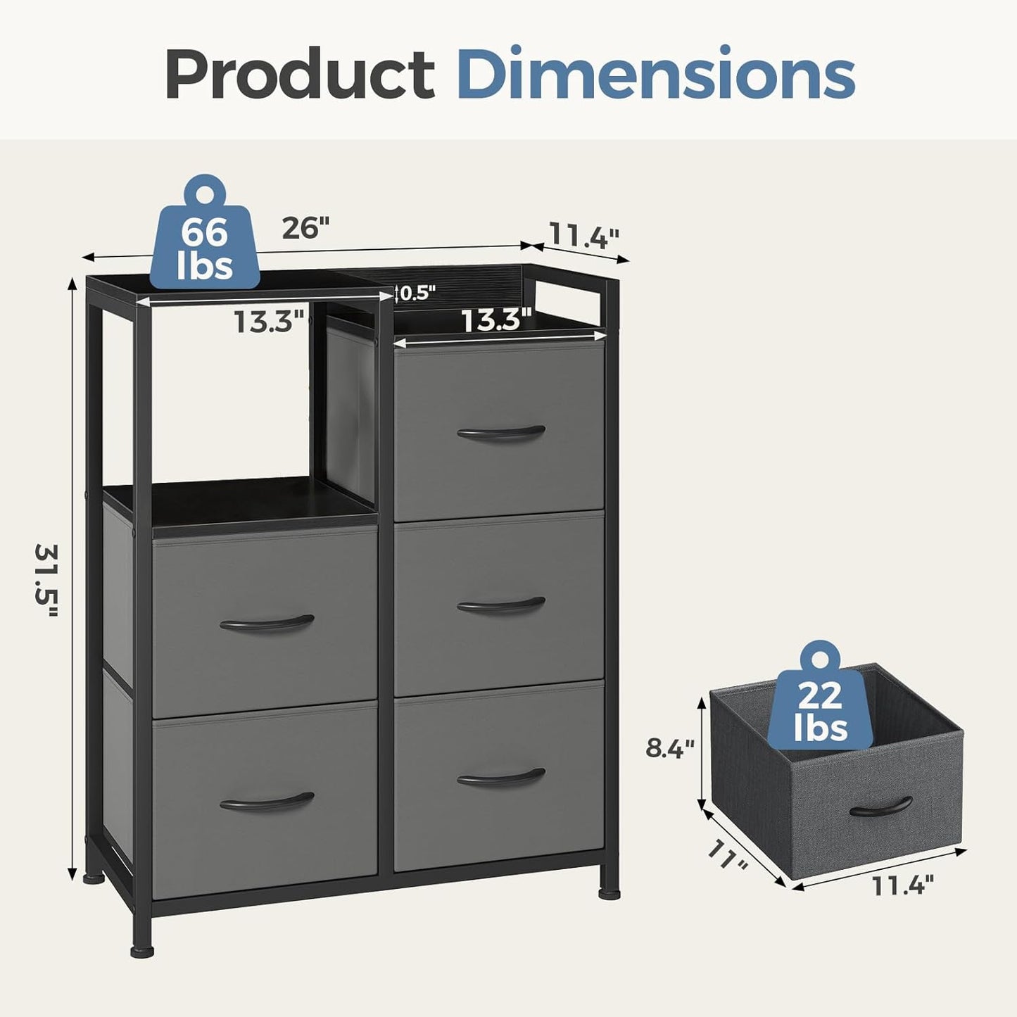 DUMOS TV Stands for Bedroom with 5 Drawers, 5-Drawer Chest of Drawers with Raised Shelf, Storage Tower with Fabric Bins for Closet Organization, Hallway Storage, Ash
