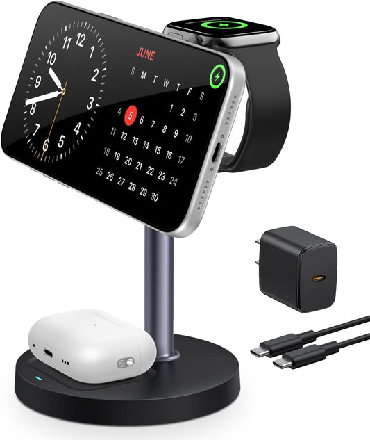3 in 1 Magnetic Wireless Charging Station, 15W Charger for iPhone, Black | Compatible with iPhone 12-17 Series, Apple Watch & AirPods, Charges 3 Devices Together, 18W Adapter Included, 3-Year Warranty