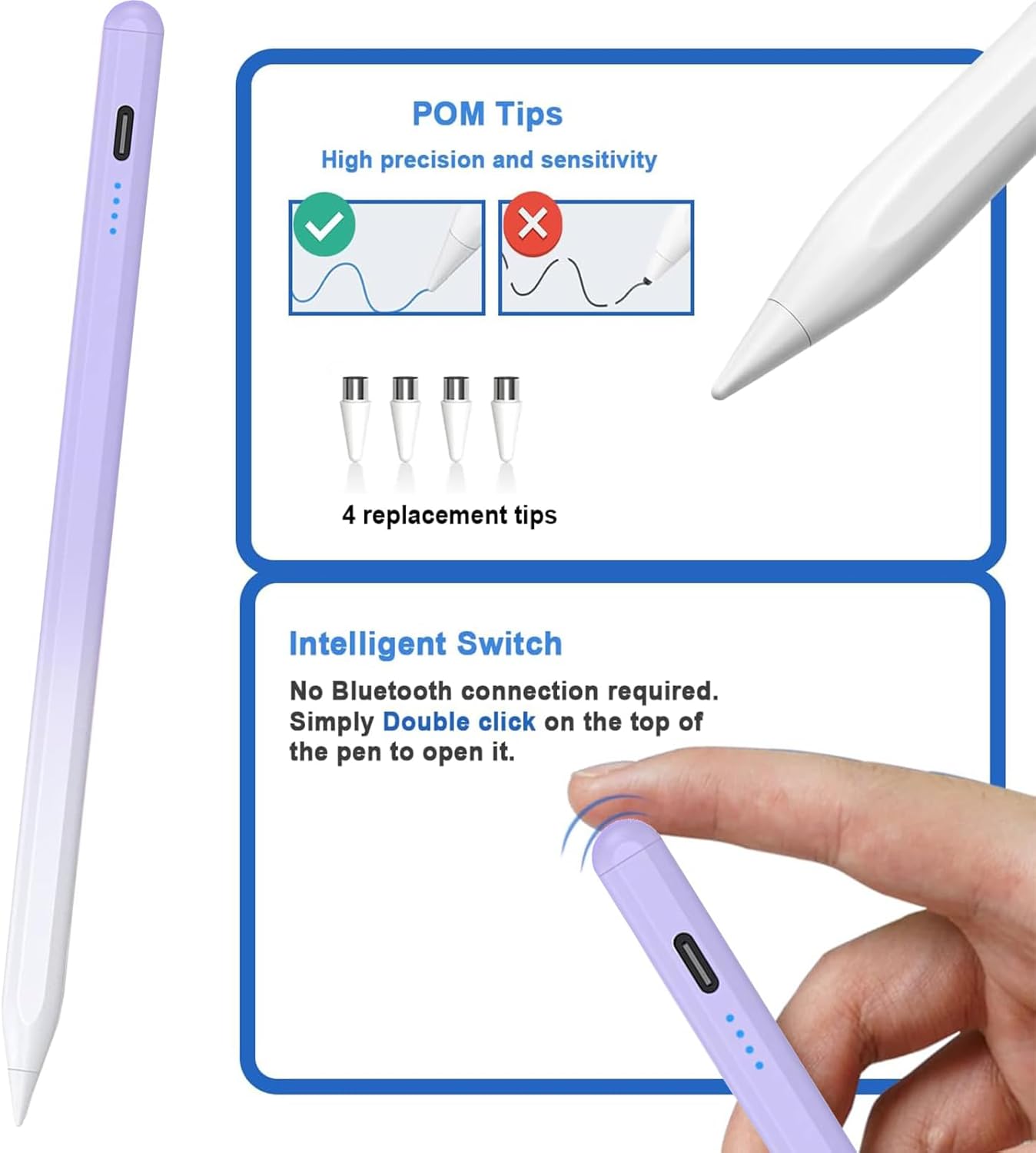Stylus Pens for Touch Screens Power-Display Tablet Pen POM Tip Magnetic Digital Touch Pen Compatible with iPhone/iPad/Lenovo/and Other iOS/Android Smartphone and Tablet Devices (Gradient Purple