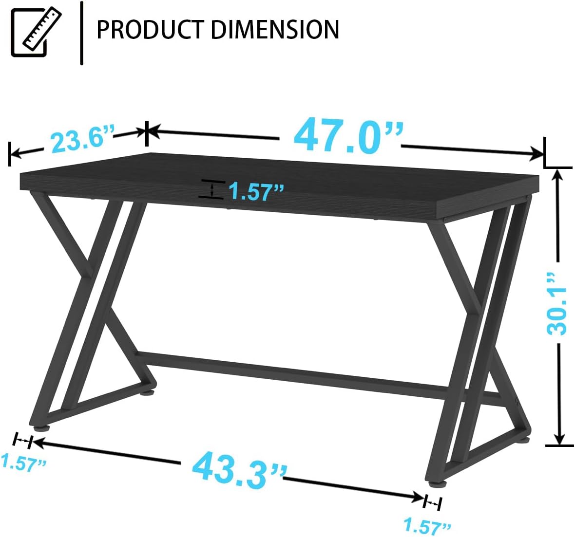 LVB Black Office Desk, Modern Writing Computer Desk for Home Office, Industrial Metal Wood Study Work PC Gaming Computer Table for Bedroom, Executive Student Workstation Desk, 47 Inch, Black Oak