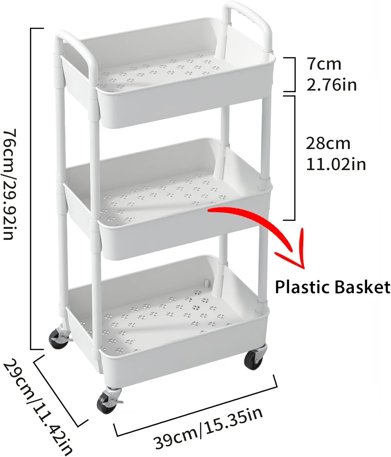 Sywhitta 3-Tier Plastic Rolling Utility Cart with Handle, Multi-Functional Storage Trolley for Office, Living Room, Kitchen, Movable Storage Organizer with Wheels, White