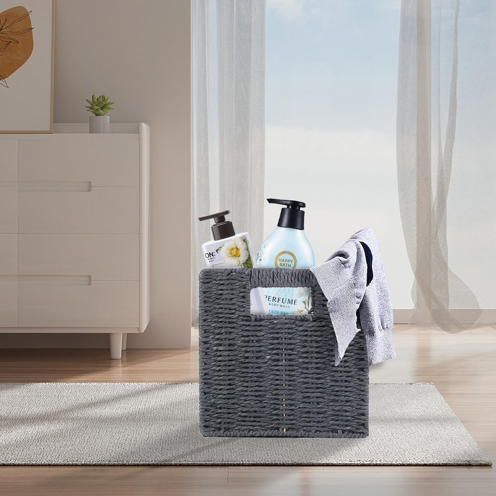 6 Pack 8.7 Inch Wicker Baskets, Paper Rope Storage Baskets | Foldable Cube Storage Bins Organizer Square Wicker Cubes for Shelves Pantry Organizing & Decor (Gray)