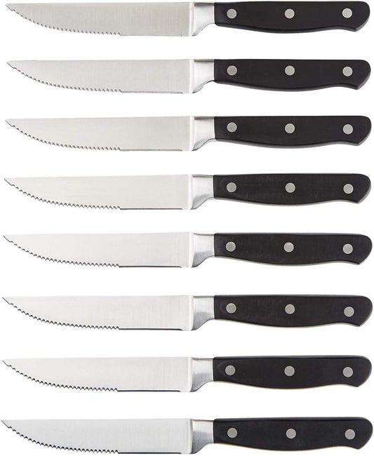 Amazon Basics 8-Piece Full Tang Stainless Steel Serrated Steak Knife Set, 4.5", Black