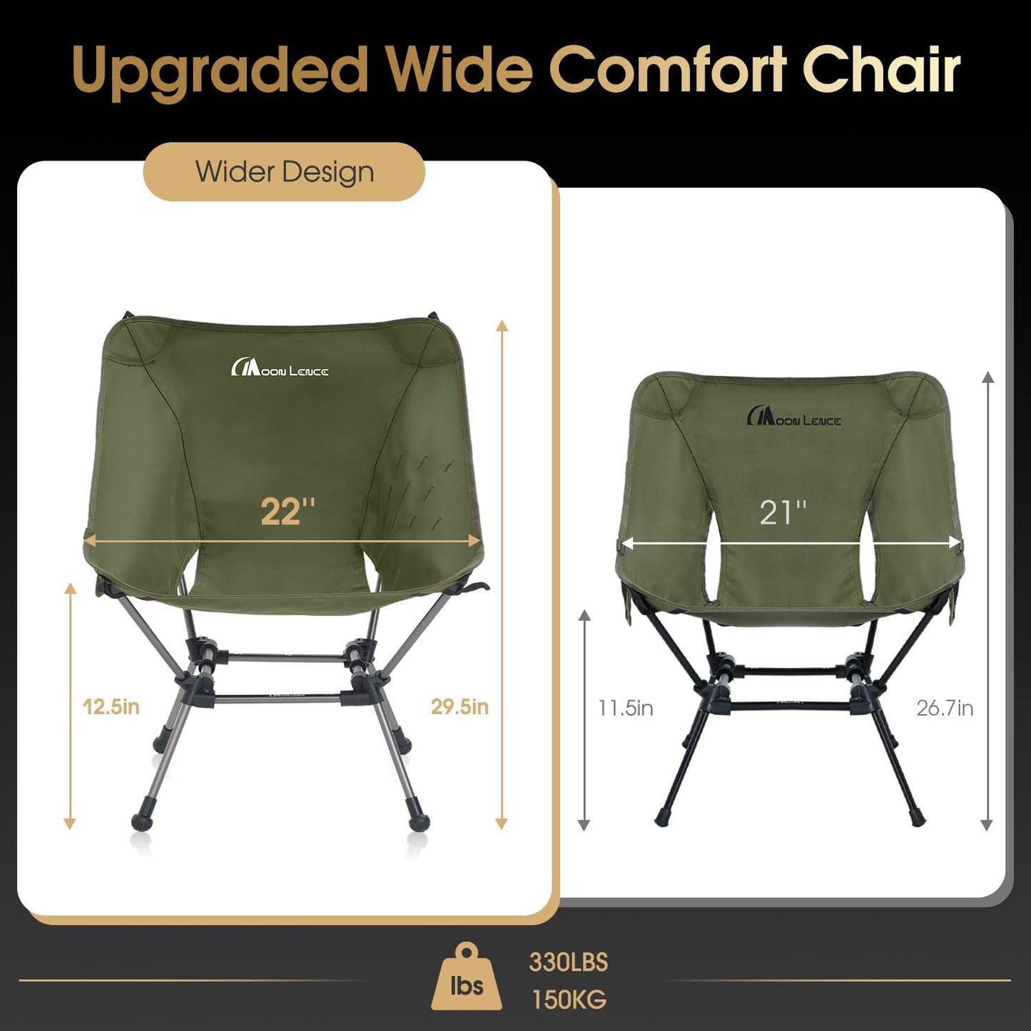 MOON LENCE Portable Camping Chair Plus, Larger & Roomier, Compact and Lightweight Still, Folding Chair for Backpacking & Hiking, 330Lbs Capacity (Moss Green-2pack)