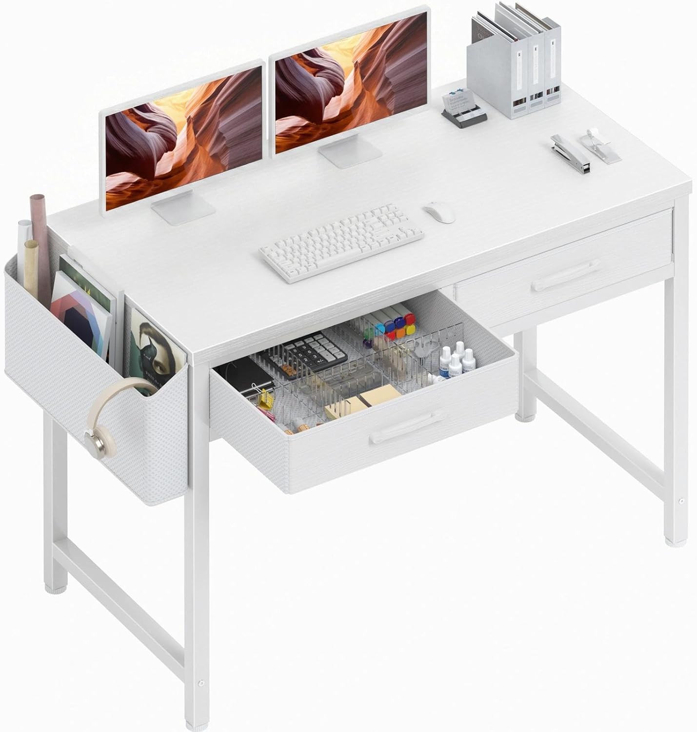 DLisiting White Desk with Storage Drawers - 39 Inch Small Computer Desk with Drawers for Bedroom Home Office, Study Writing Vanity Table Without Mirror for Girls Small Spaces