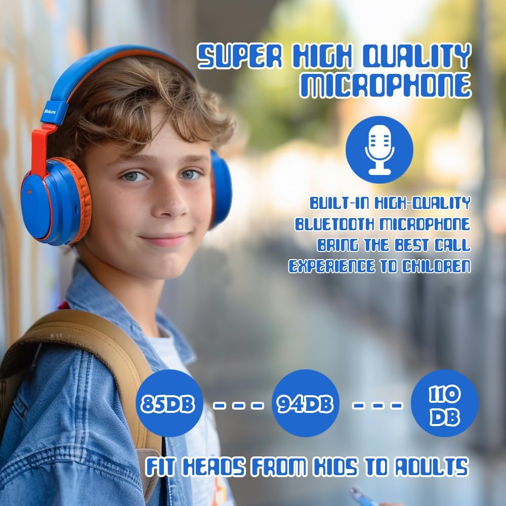 Mokata Kids Headphones Bluetooth 5.3 Wireless Lightweight Fast Charging 68 Hours Play Time Volume Limited 85/94dB Over Ear Foldable with Built-in Mic for Toddler Boy Girl Tablet Pad Blue