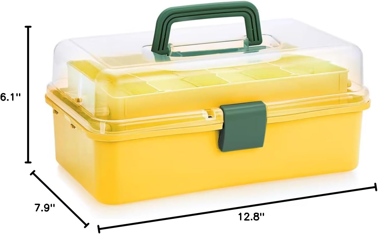 BTSKY 3-Layer Plastic Dividing Storage Box Craft Organizer with Adjustable Spacers Portable Handled Art Supply Organizer Multipurpose Home Utility Box for Sewing (Yellow+Green)