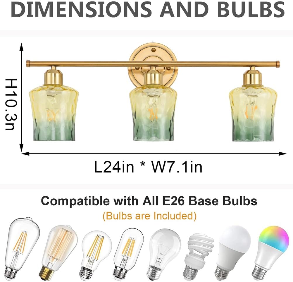 Modern 3-Light Glass Bathroom Light Over Mirror, Gold Vanity Light with Yellow Green Gradient Glass Shade, E26 Bathroom Vanity Light, for Kitchen, Hallway, Cabinet, Bedroom, Living Room