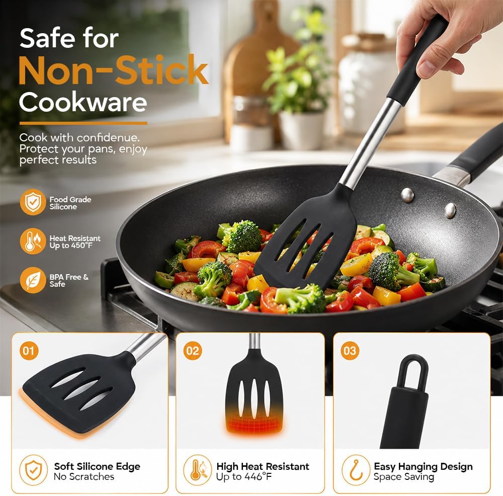 Silicone Cooking Utensils Set 6 PCS, Heat Resistant Non Stick Spatula Spoon Turner Kitchen Tools – BPA Free Non-Toxic Utensils for Nonstick Pots Pans, Baking Mixing Serving Accessories, Black