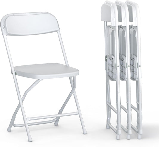 4 PACK White Foldable Plastic Chair | Folding & Stackable | 350 lbs Capacity Steel Frame Seats for Indoor Outdoor | Commercial Use Events Wedding Party Events Bulk Picnic Kitchen Dining