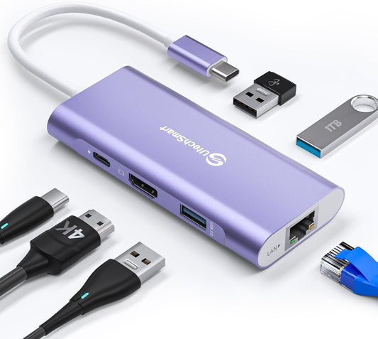 USB C Hub 6 in 1 Multiport Adapter Gigabit Ethernet, 4K HDMI, 100W PD