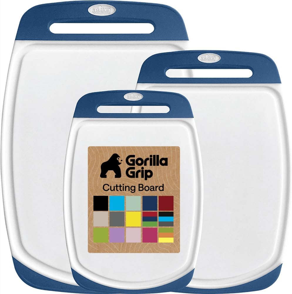 GORILLA GRIP BPA-Free Reversible Kitchen Cutting Board Set of 3, US Designed, Nonporous, Juice Grooves Catch Liquid, Slip Resistant Border, Dishwasher Safe, Durable Large Food Chopping Boards, Blue
