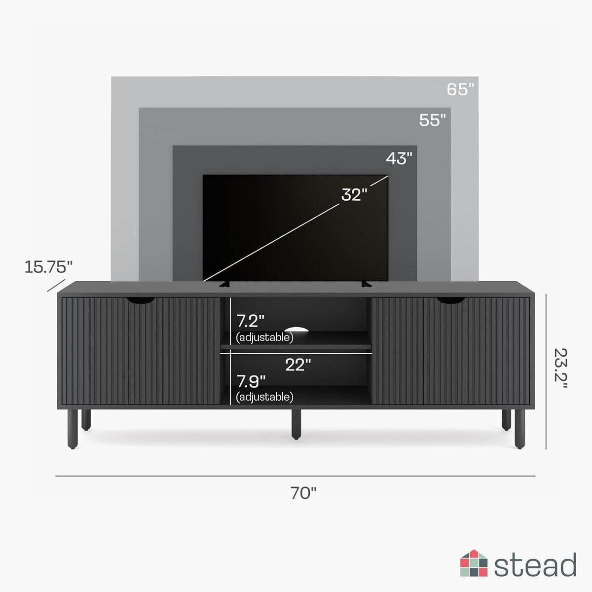 Stead Fluted Wood TV Stand - Soft-Close Doors & Adjustable Shelves TV Console with Storage - Cable Management Entertainment Center - Fluted Doors Hide Components Media Stand - Black, 70