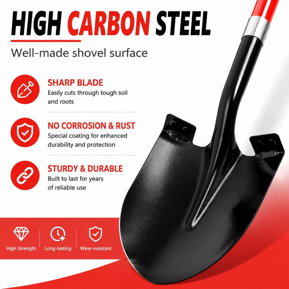 VNIMTI Heavy Duty Gardening Shovel, 56 Inch Round Blade with Fiberglass Handle (Red)