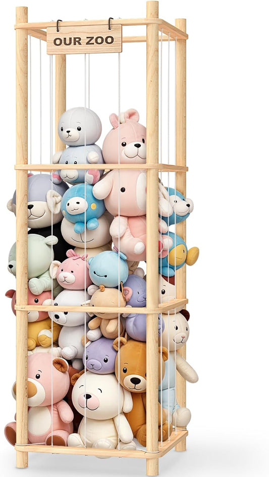 Woodure Stuffed Animal Storage & Organizer, Wooden Cute Zoo Toy Holder for Toddler Rooms, Playrooms & Bedrooms