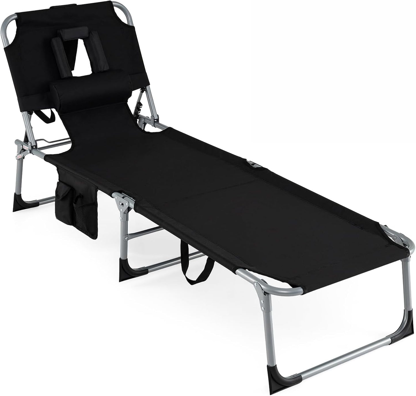 COSTWAY Tanning Chair with Face Hole, Folding Beach Lounge Chair with 4-Position Adjustable Backrest, Pillow & Side Pocket, Foldable Chaise Lounge Chair Outdoor for Sunbathing, Camping (1, Black)