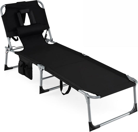 COSTWAY Tanning Chair with Face Hole, Folding Beach Lounge Chair with 4-Position Adjustable Backrest, Pillow & Side Pocket, Foldable Chaise Lounge Chair Outdoor for Sunbathing, Camping (1, Black)