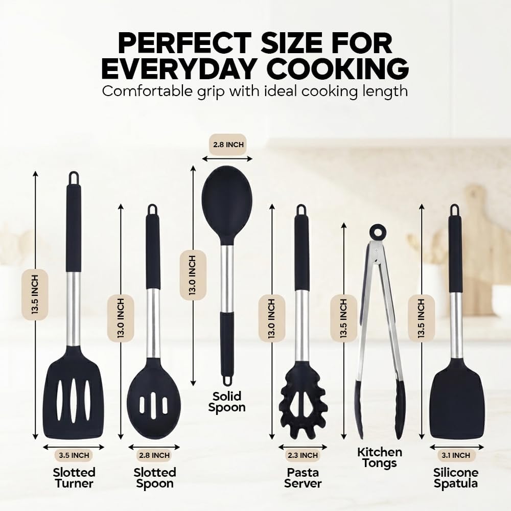 Silicone Cooking Utensils Set 6 PCS, Heat Resistant Non Stick Spatula Spoon Turner Kitchen Tools – BPA Free Non-Toxic Utensils for Nonstick Pots Pans, Baking Mixing Serving Accessories, Black