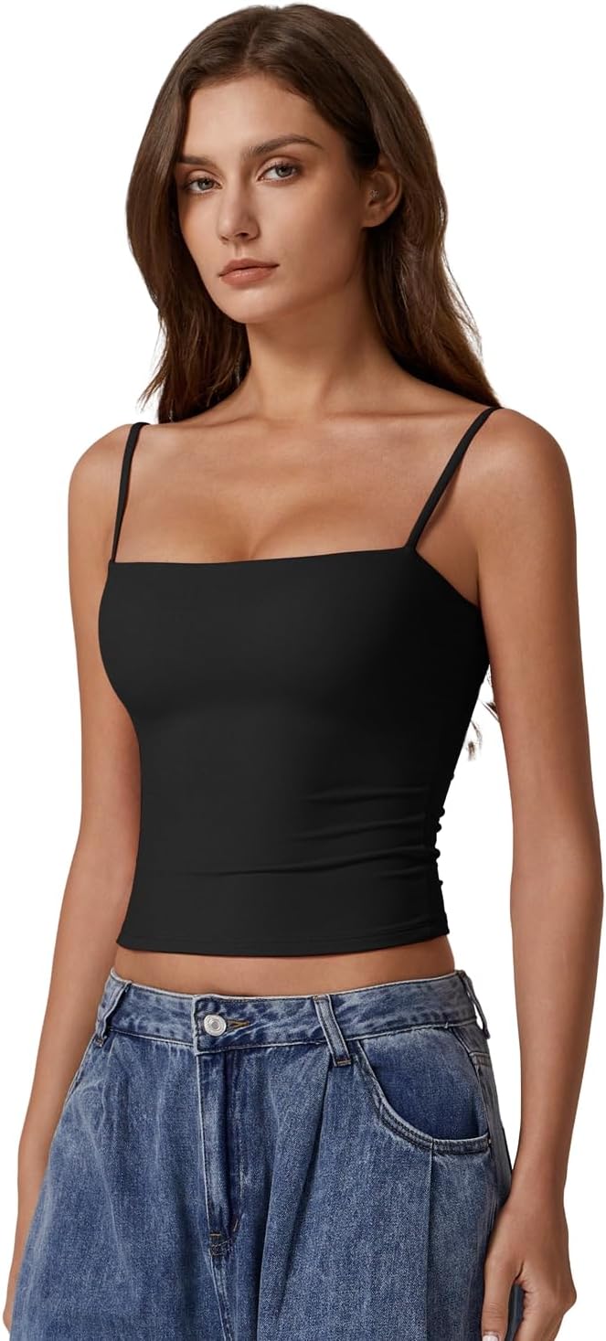 QINSEN Women's Double Lined Basic Tank Top Adjustable Spaghetti Straps Sleeveless Camisole Shirts