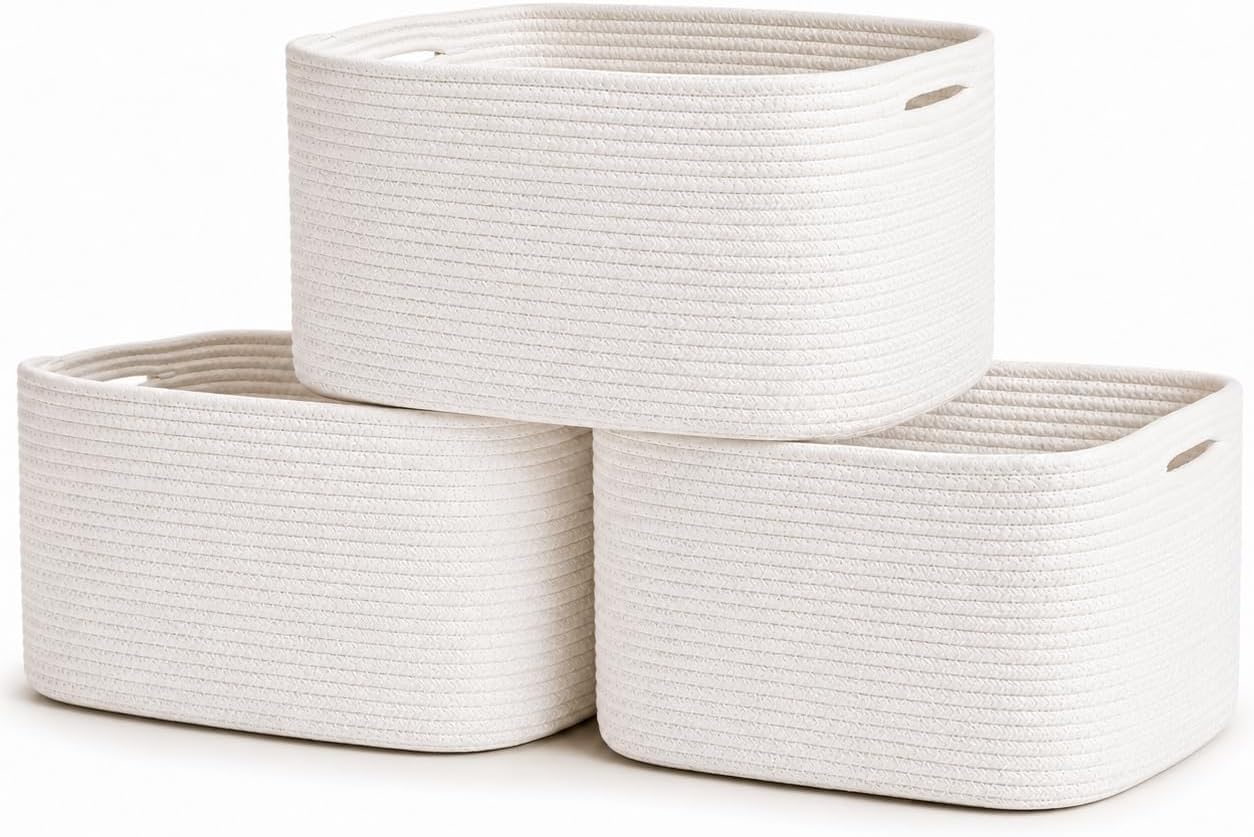 OrganiHaus Cotton Rope Baskets for Shelves, Set of 3, 15x9x10 | Handwoven; a toy bin and organizer for towels, books, or blankets; fits nursery, playroom, or bedroom decor