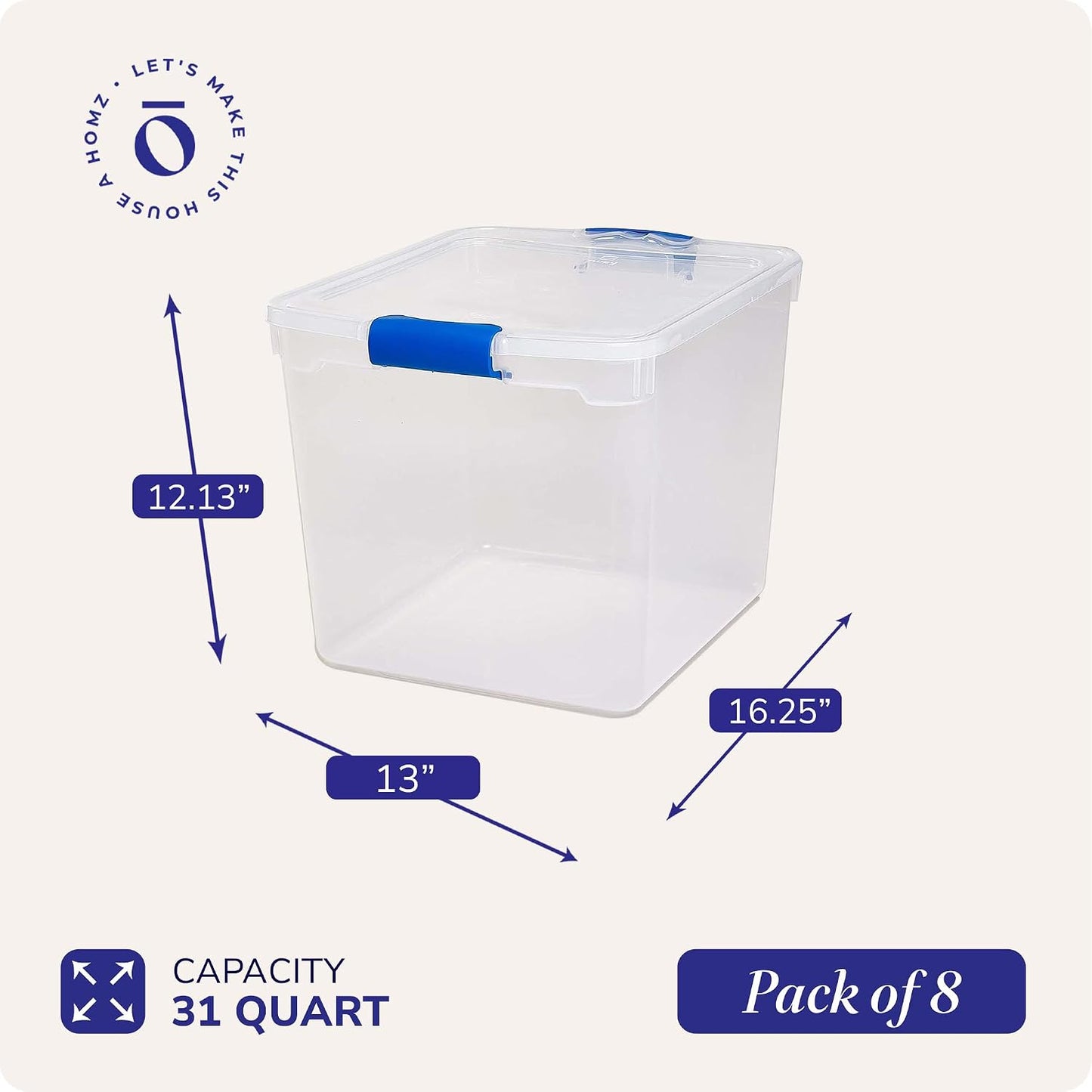 HOMZ Secure Latch, Clear Plastic Storage Organizer Bins, 31 Quart, 8 Pack | Heavy-Duty Stackable Containers, Large Organizer Box for Homes, Offices, and Garages