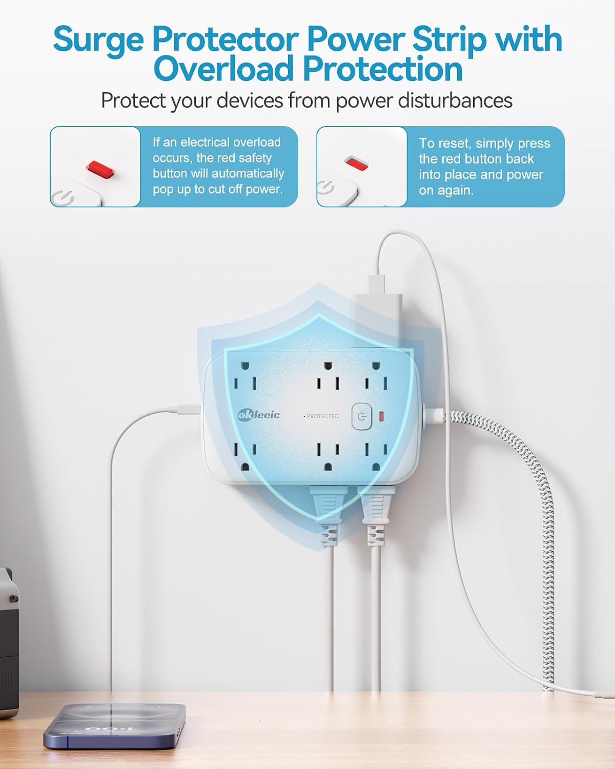2100J Surge Protector Power Strip - 15 Ft Extension Cord with 6 USB Charging Station and 12 Outlets, Flat Plug Long Thin Extension Cord with Multiple Outlets Wall Mount for Home Office Dorm