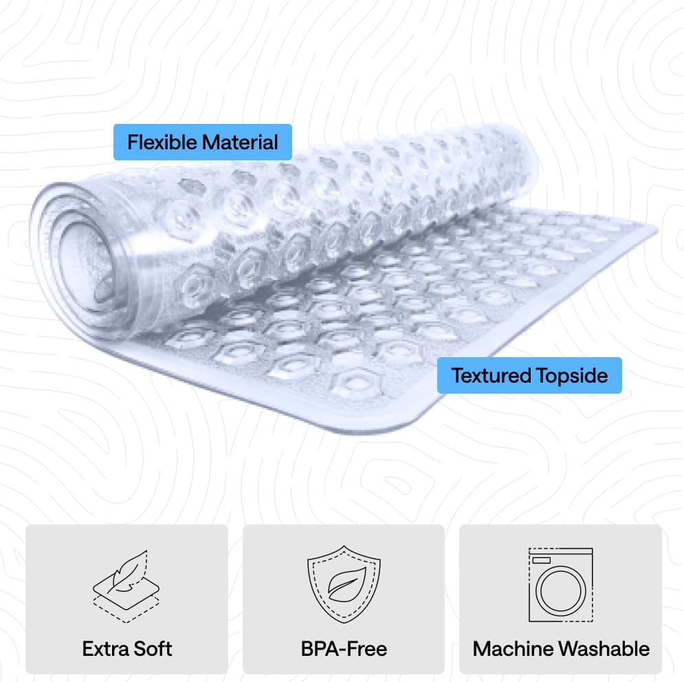 GORILLA GRIP Patented Bath Tub Shower Mat, Machine Washable Bathtub Floor Liner Mats, Suction Cups and Drain Holes to Keep Tubs Clean, Soft on Feet, Bathroom Essentials, 35x16 Inch, Clear