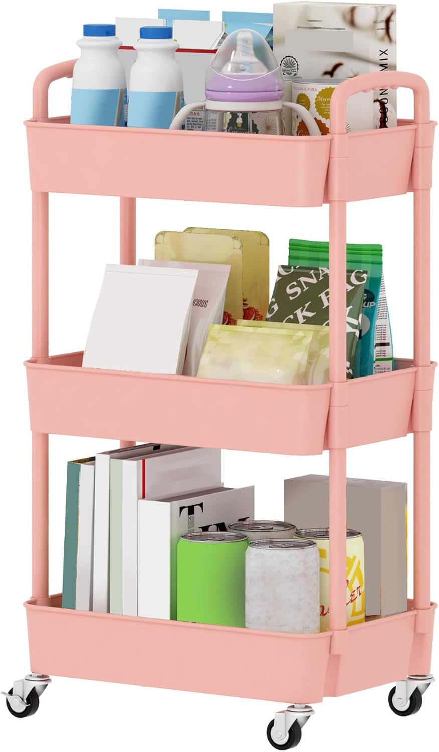 Sywhitta 3-Tier Plastic Rolling Utility Cart with Handle, Multi-Functional Storage Trolley for Office, Living Room, Kitchen, Movable Storage Organizer with Wheels, Green