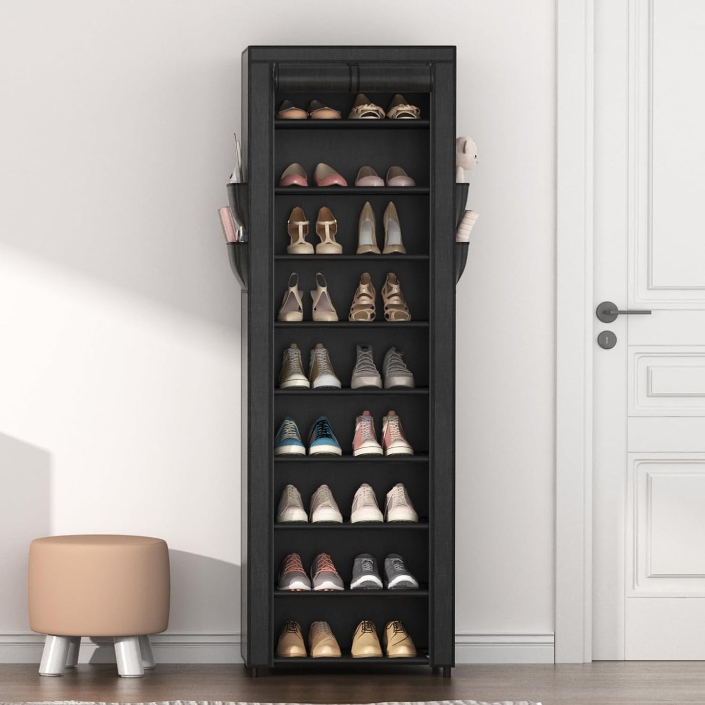 VILICK Shoe Rack with Cover Narrow Shoe Organizer with 4 Side Pockets 10 Tier Tall Shoe Storage Holds 18-22 Pairs Shoes and Boots Shoe Rack for Closet Entryway Garage