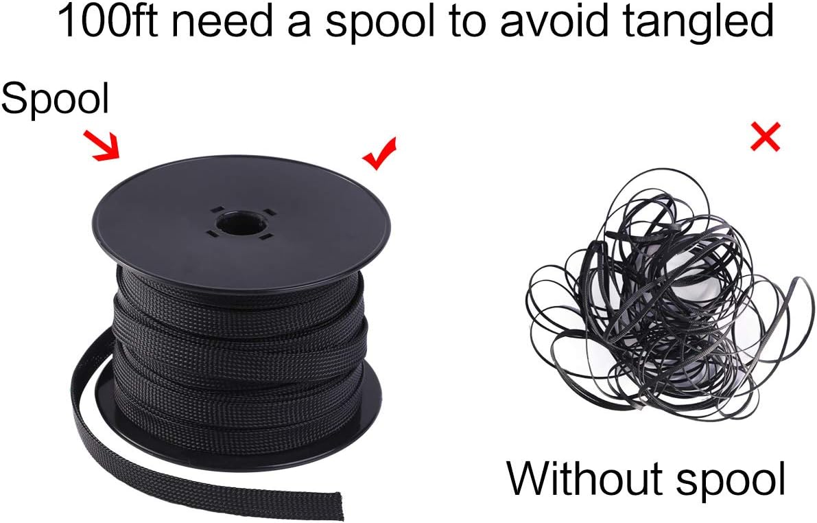 Keco 50ft – 1/4 inch & 1/2 inch PET Expandable Braided Cable Sleeve – Wire Sleeving for Audio Video and Other Home Device Cable Automotive Wire - Black