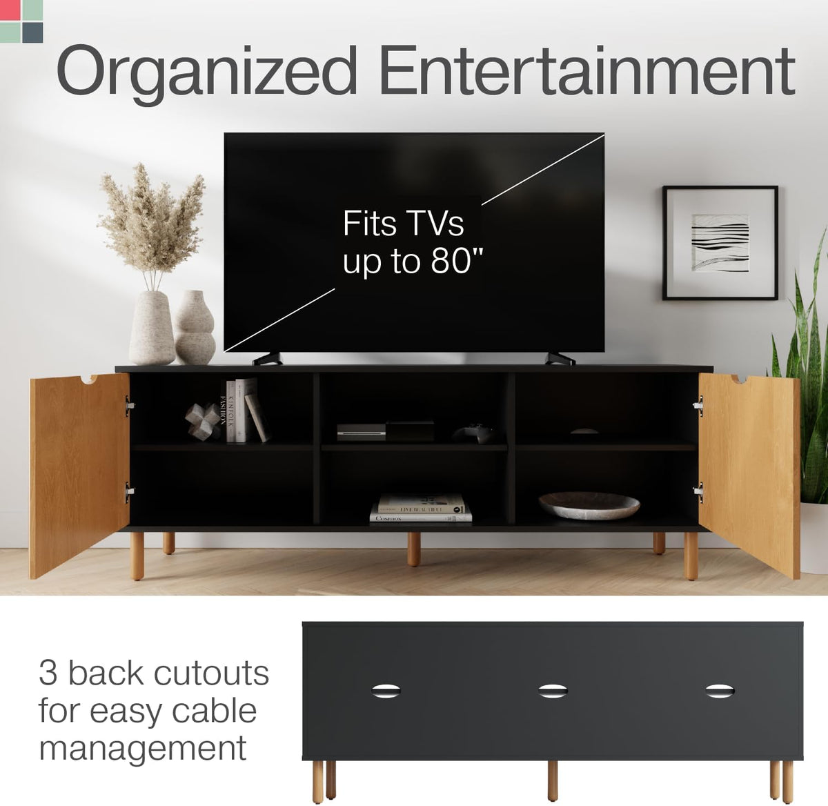 Stead Modern Fluted TV Stand & Media Console - 70-Inch, Fluted Black & Oak - Entertainment Center for 32-80-Inch Screens with Soft-Close Doors & Cord Management