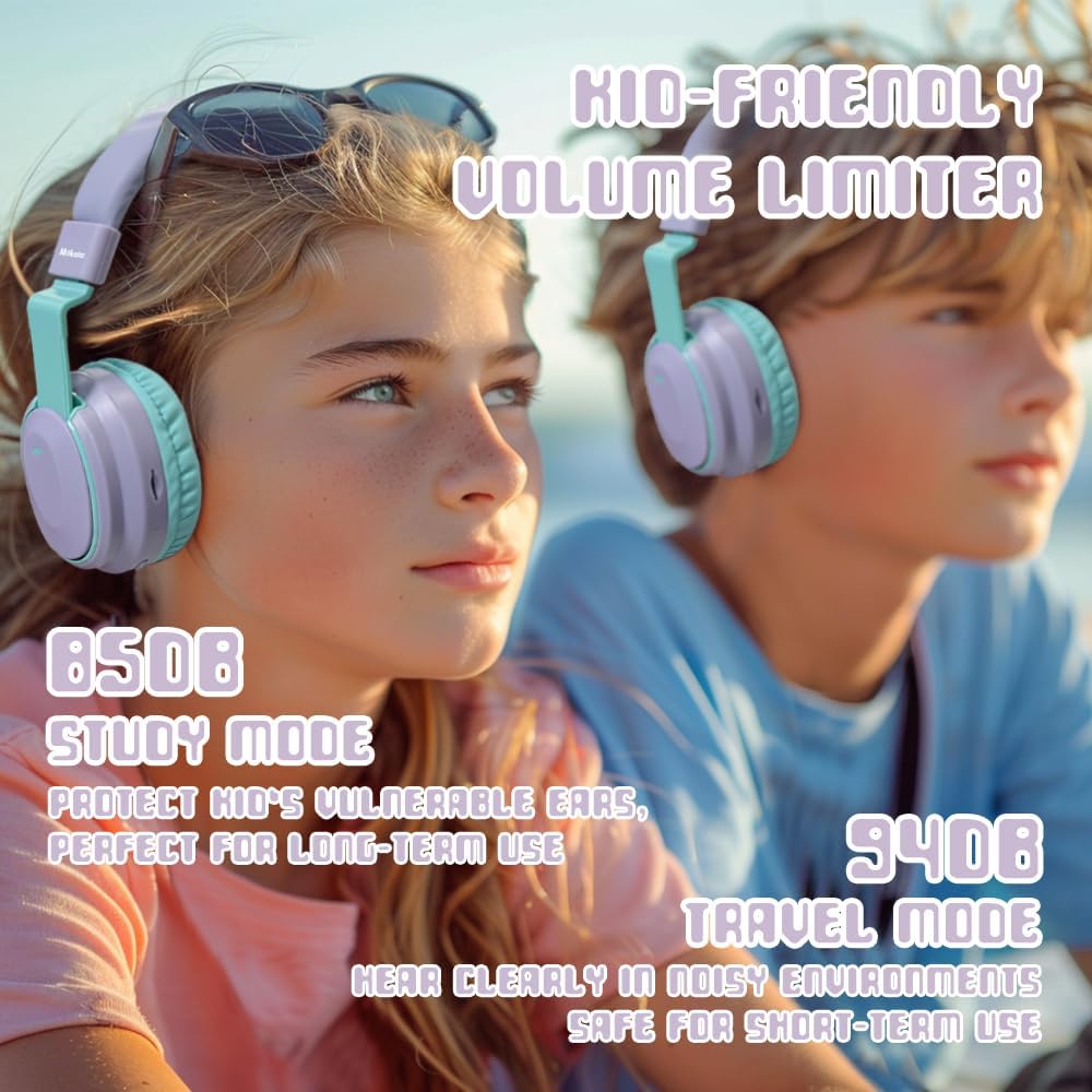 Mokata Kids Headphones Bluetooth 5.3 Wireless Lightweight Fast Charging 68 Hours Play Time Volume Limited 85/94dB Over Ear Foldable with Built-in Mic for Toddler Tablet Pad Light Purple