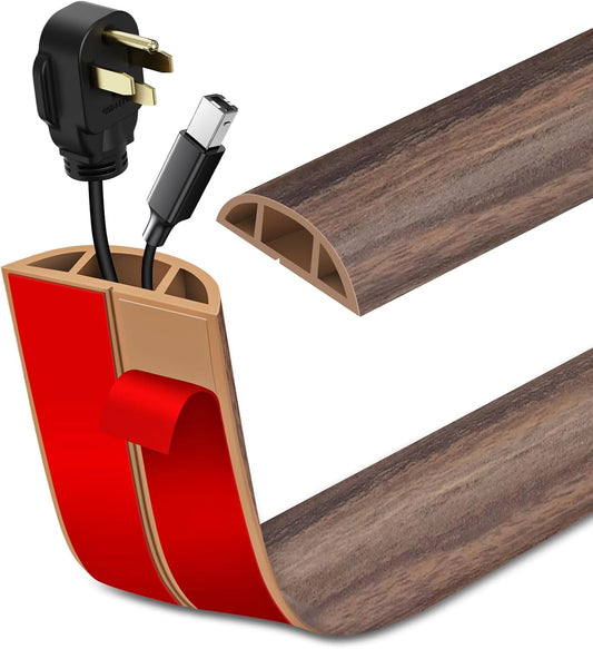 LSGCQ Floor Cord Cover Self Adhesive Cord Hider Floor Cable Management | Cord Covers for Wires on Floor Cable Cover, Prevent Cable Trips, Cable Cavity 0.51" W x 0.31" H, 10Ft, Smoked Brown Wood