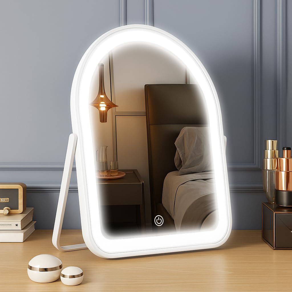YEKKOPT Travel Makeup Mirror with Lights, Portable Small Beauty LED Vanity Mirror with Lights, 1200mAh Battery, Dimmable Touch Screen, Tabletop Folding Compact Mirror,Women Gift