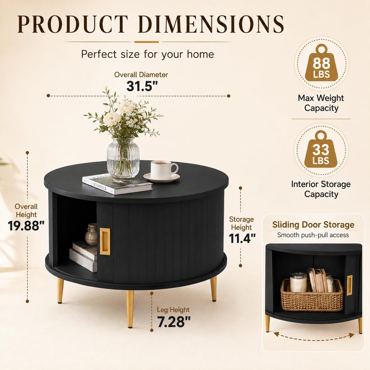 ARTPOWER 31.5" Round Coffee Table with Storage Mid Century Black Walnut | Easy Assembly,Solid Walnut,Heavy Duty,Flip Top Storage,Fluted Tambour Door,Water&Scratch Resistant Easy Clean,110lbs Capacity
