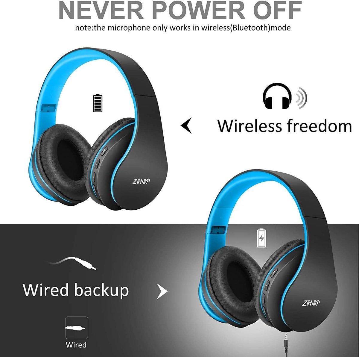 ZIHNIC Bluetooth Headphones Over-Ear, Black/Blue