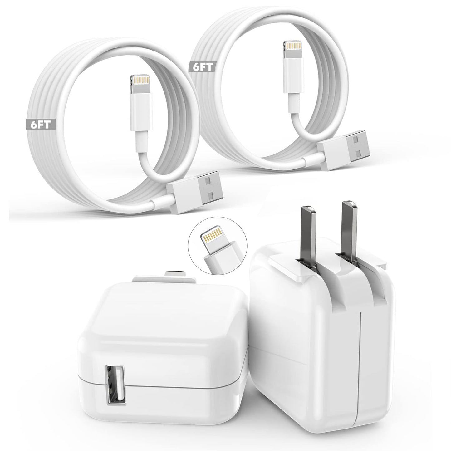 iPad iPhone Charger Fast Charging [ Apple Certified ] 2Set 6FT USB to Lightning Cable iPad Cord with 12W Foldable Block i Phone Charging Travel Wall Plug Compatible with i Pad, iPadPro, iPadAir,iPhone