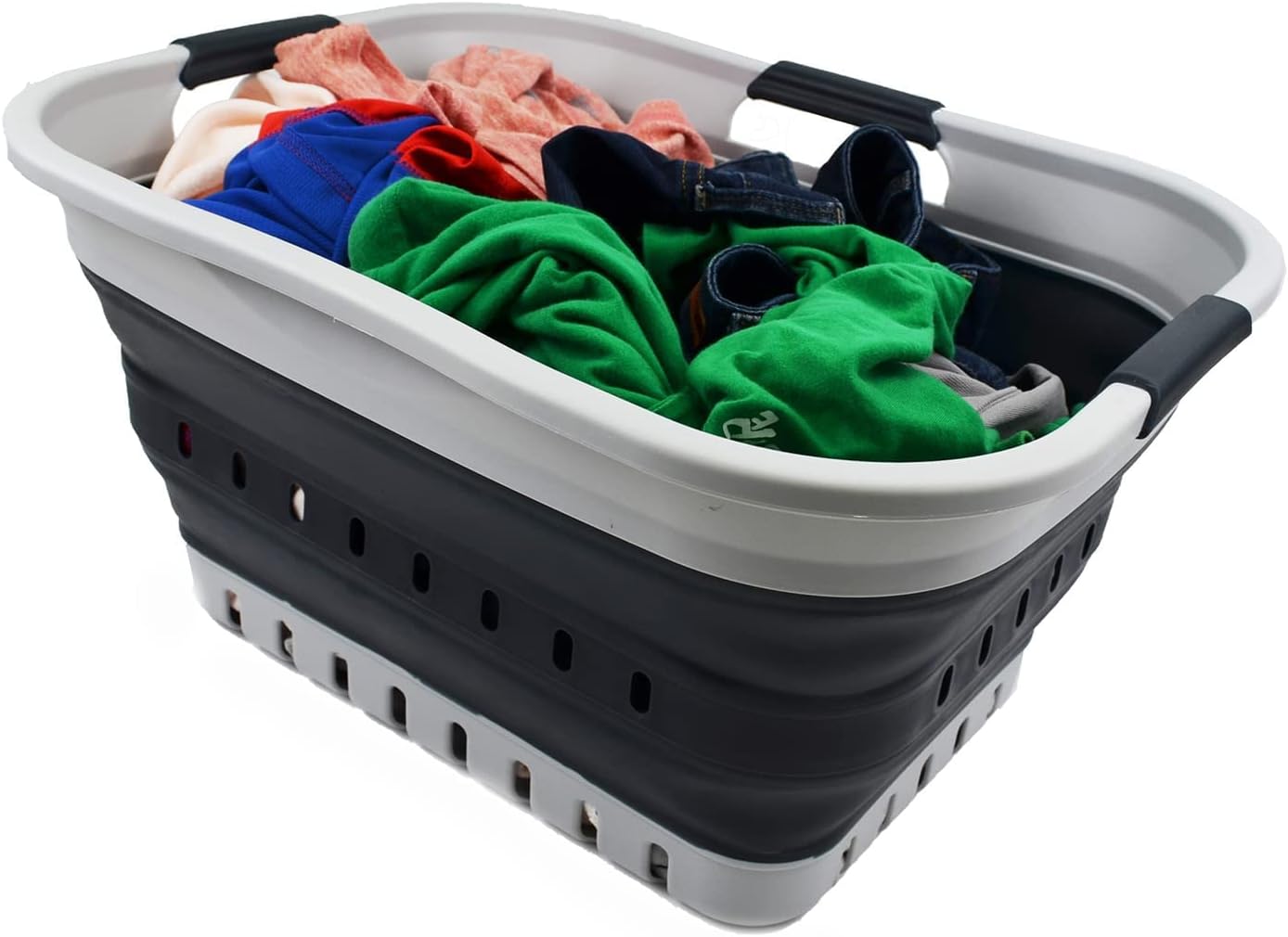 SAMMART 30L (8 gallon) Collapsible 3 Handled Plastic Laundry Basket - Foldable Pop Up Storage Container/Organizer - Portable Washing Tub - Space Saving Hamper/Basket (Grey/Slate Grey)