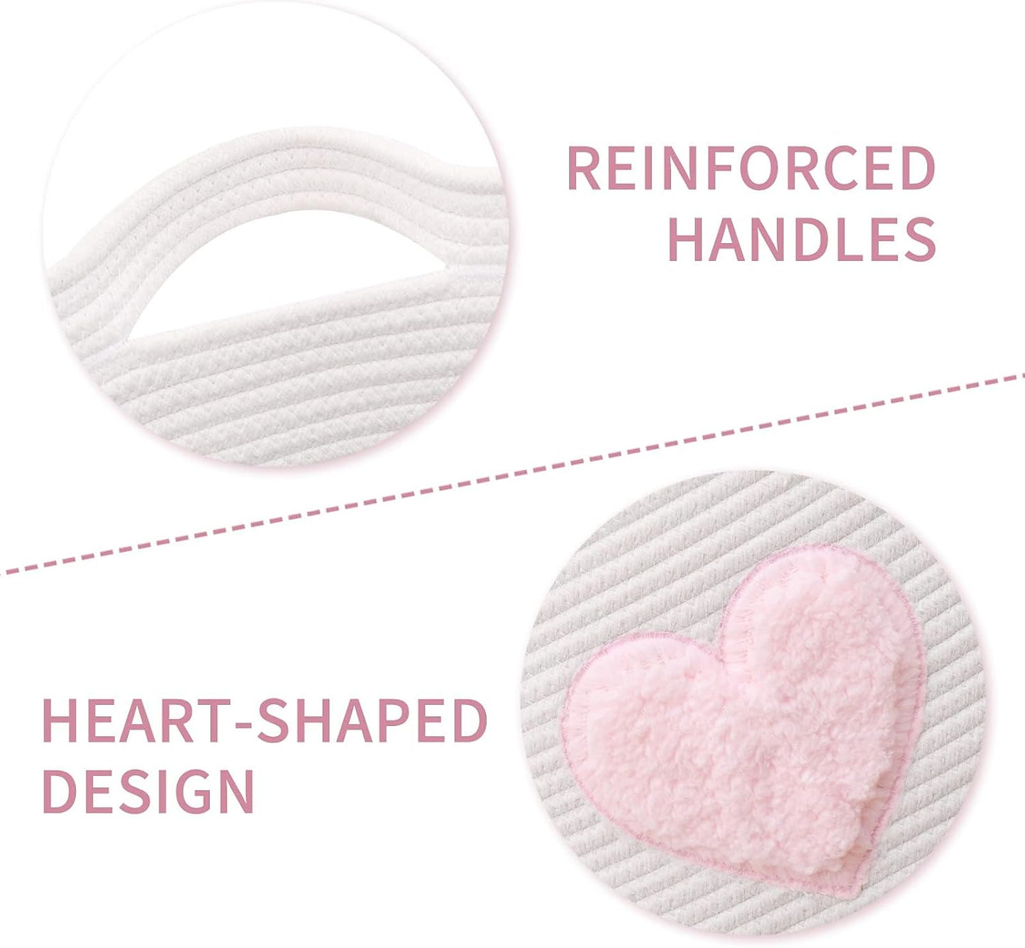Large Cotton Rope Basket, Woven Storage Basket for Toy, Laundry and Blanket Organizer Basket, Round Hamper Basket with Handles for Kid's Room 17.7"x16.9" (Pink Heart)