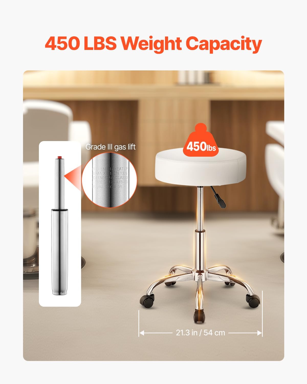 VEVOR Rolling Stool with Wheels, 450 LBS Weight Capacity Round Rolling Stool Chair, Height Adjustable Thickened PU Leather Swivel Stool for Salon, Spa, Massage, Tattoo, Clinic, White