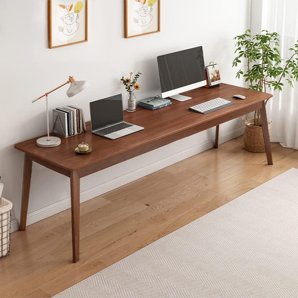 NELYE Mid-Century Long Desk Table - 63" Simple Modern Extra Long 2-Person Wood Computer Workstation for Home Office Work in Walnut, 63" W x 20" D