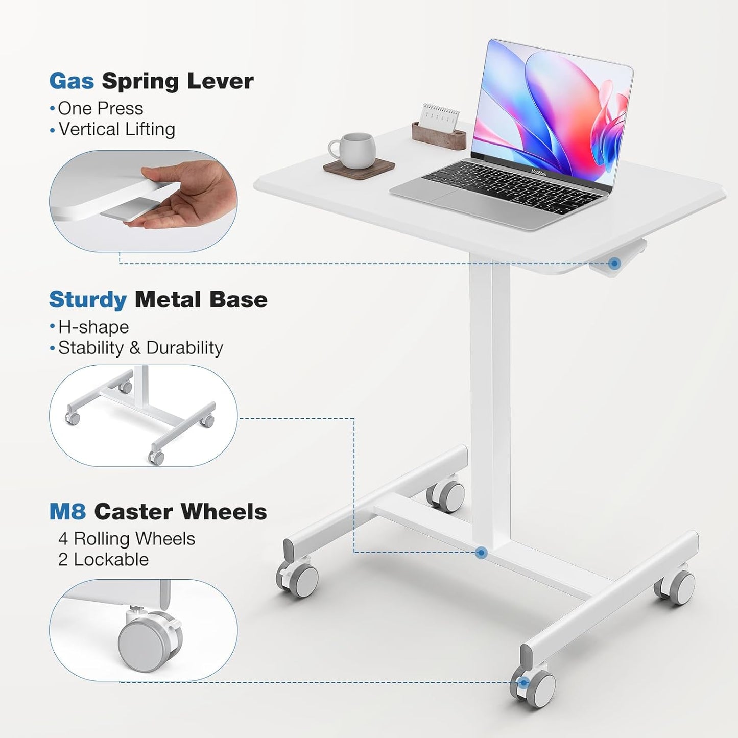 OLIXIS Mobile Rolling Desk with Wheels Small Standing Laptop Desks Portable Pneumatic Adjustable Height Sit Stand Table Computer Workstation for Home Office White