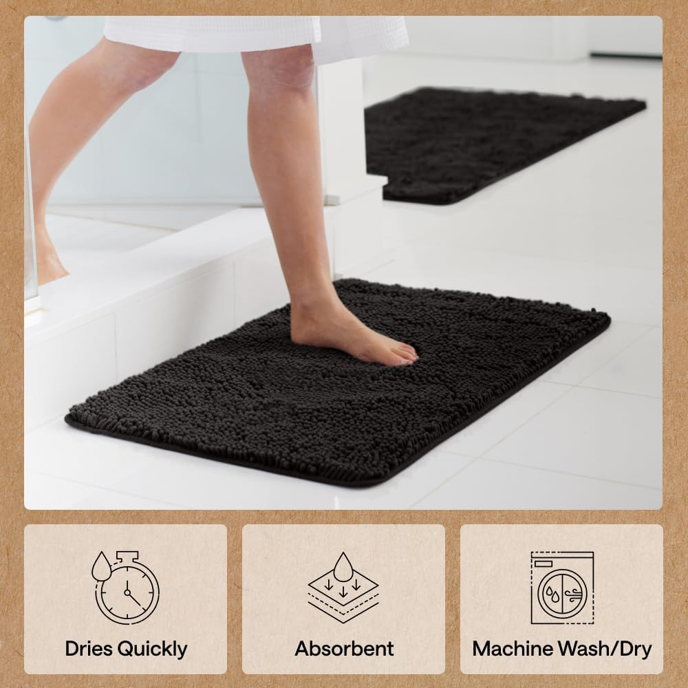 GORILLA GRIP Bath Rug Mat, Thick Soft Absorbent Chenille, Quick Dry Microfiber Mats, Rubber Backing Washable Shower Floor Rugs, US Designed Bathroom Bathmat Home Decor Accessories, 24x17, Black