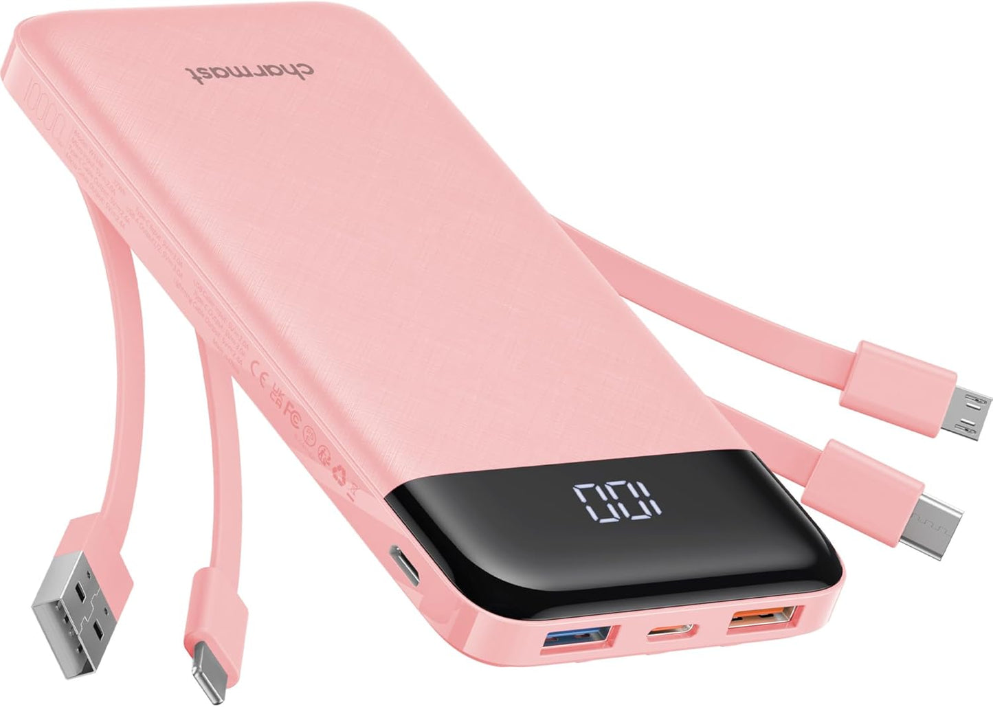 charmast Portable Charger with Reinforced Built-in 4 Cables,10000mAh Power Bank Travel Essentials 6 Outputs 3 Inputs 3A Fast Charging Compatible with iPhone iPad Samsung Google Pixel LG Moto
